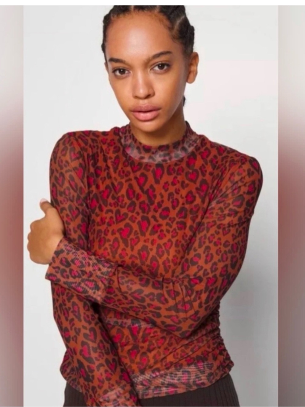 FARM Rio sheer lined Leopard-Print Long Sleeve Mesh Top NWOT